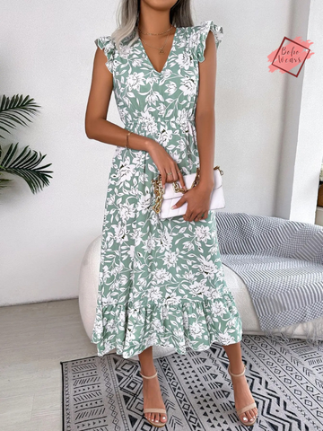 Floral Wood Ear Edge Long Dress - High Waist Summer Casual Women's Fashion