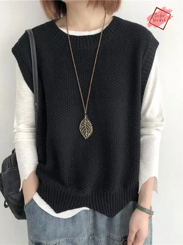 Casual Women's Sweater Vest - Loose Knitted Sleeveless Jacket with Irregular Hem for Spring/Autumn