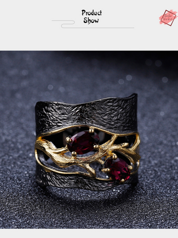 Handmade 925 Sterling Silver Ring with Natural Rhodolite Garnet | Branch Design Fine Jewelry for Women