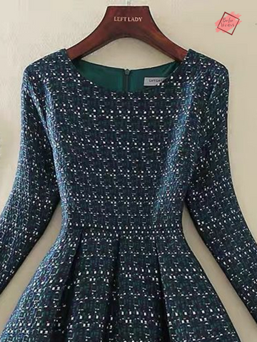Spring Elegant Tweed Slim Dress for Office Ladies - O-Neck, Long Sleeve, High Waist A-Line by BohoWears