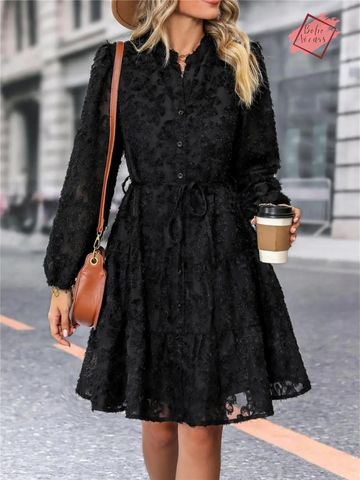 Chic Knee-Length High Waist Dress | Long Sleeve Soild Print | Casual Women's Fashion