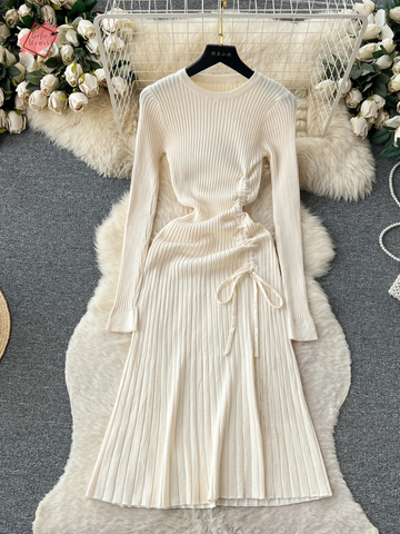 Autumn France Elegant A-Line Knitted Dress