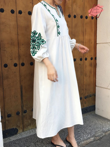 Spring Holiday Dress - Boho Floral Embroidery Chic with Lantern Sleeves - Loose Fit & Vintage Style