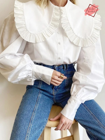 Casual Elegance: White Ruffle Blouse with Large Peter Pan Collar - Long Sleeve Cotton Top for Women