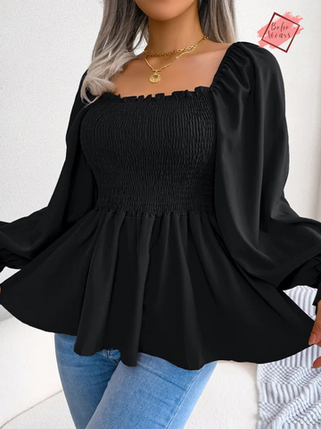 Spring/Summer Collection: Chic Women's Square Neck Chiffon Shirt - Solid Color, Long Sleeve with Wooden Ear Detail