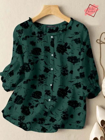 Stylish Women's Vintage Floral Blouse - Perfect Summer O Neck 3/4 Sleeve Top