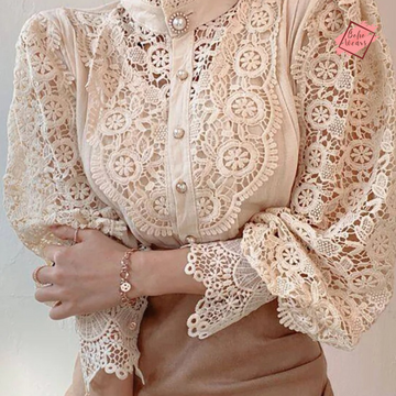 Chic Oversized Chiffon Turtleneck Blouse – Floral Lace Hollow Button Long Sleeve Top for Women