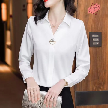 Spring Autumn Elegant V-Neck Shirt for Women - Office Lady Fashion Solid Color Blouse