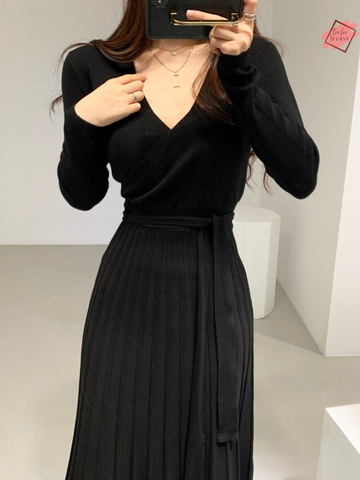 Stretchy Knitted Bodycon Dress for Women | V-Neck, Long Sleeve Winter Vestidos | Chic Korean Style