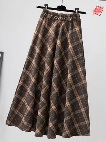 Autumn Winter High Waist Woolen Plaid Skirt – Korean Style A-Line Pleated Long Skirt