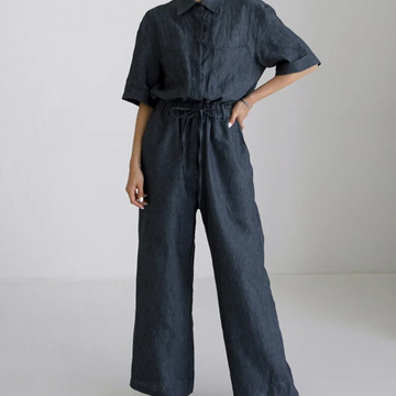 Women's 100% Linen Jumpsuit: Elegant Short Sleeve Top with Wide Pants - Chic One Piece Streetwear Romper