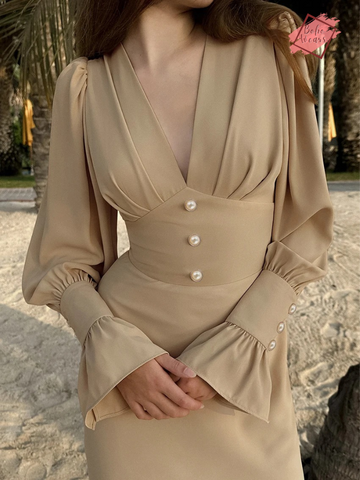Elegant Women's V-Neck Midi Dress with Lantern Sleeves - Luxury Evening Wear, Ruched with Pearl Buttons for Office Ladies