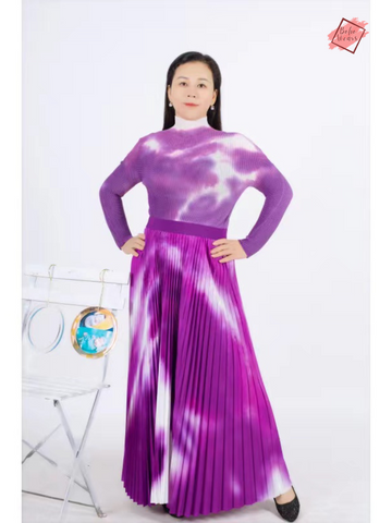 Spring Summer Women's Miyake Pleated Suit - Stylish 2-Piece Set with Printed Top & Skirt