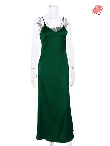 Elegant  Summer Satin Slip Dresses in Khaki, Grey, Green, and Black