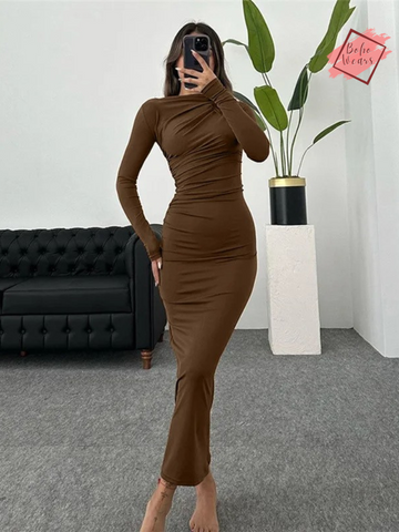 Autumn Elegance: Slim-Fit Solid Pleated Maxi Dress with Long Sleeves