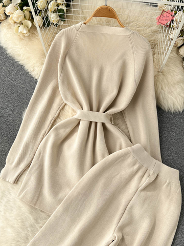 Women's Knit Two-Piece Sweater Set - Cozy Long Sleeve Cardigan & Wide Leg Pants
