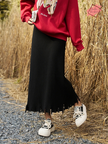 Chic Vintage Elastic Waist Midi Skirt - Women's Knit A-Line with Tassel and Raw Edge