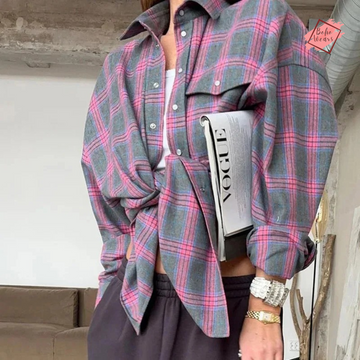 Cozy Oversized Plaid Shirt for Women - Long Sleeve Button Down, Vintage Style