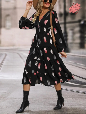 Stylish Women's Autumn Winter Print Dress - Casual Single Breasted, Short Sleeve, V Neck