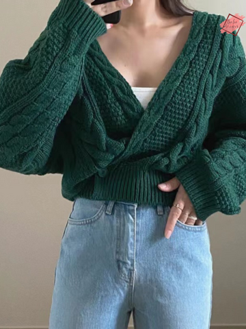 Plus Size Ribbed V-Neck Sweater - Loose Fit Winter Cardigan with Cross Trim for Women