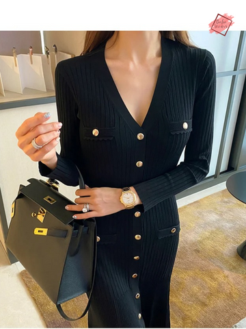 Elegant Maxi Dress: Vintage Korean V-neck, Long Sleeve Mermaid Style for Parties