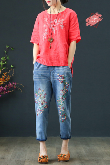 Vintage Floral Embroidered Baggy Jeans - Embrace the Spring-Summer in Style