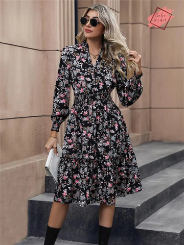 Autumn/Winter Elegant V-Neck A-Line Dress - Long Sleeve, High Waist, Knee-Length for Women