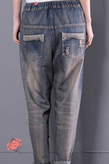 Ripped Jeans for Women - Fall Vintage Embroidered Jeans with Artistic Patchwork and Vintage Harem Design