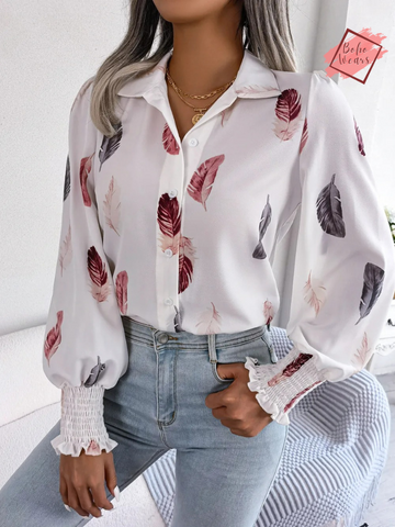 Women's Spring/Summer Collection: Chic Polo Shirt with Feather Lantern Sleeves - Single Breasted Top