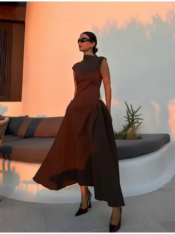 Elegant Women's Summer Maxi Dress – High Waist A-Line Pleated Sleeveless Turtleneck Evening Dress