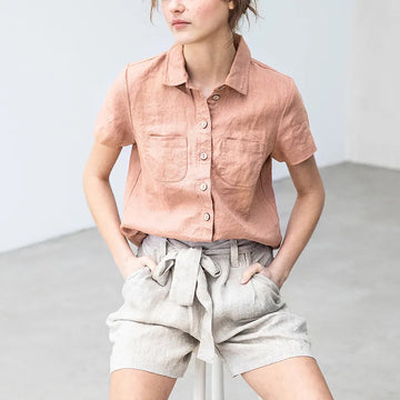 Women's Cotton Linen Turn Down Collar Button Up Shirt