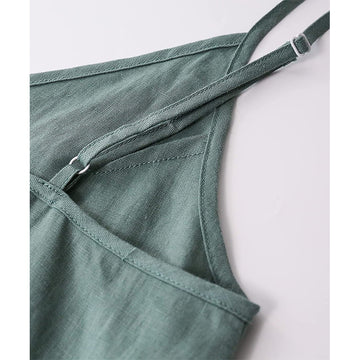 Vintage Pure Linen Camisole Dress Spaghetti Strap V-Neck Sleeveless Summer Dress