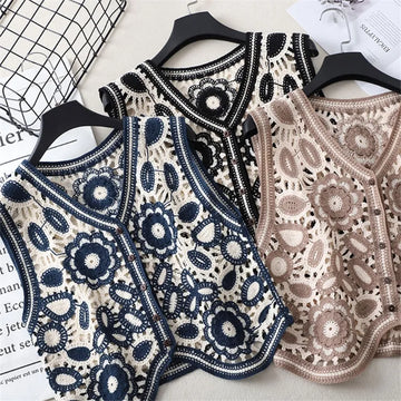 Cardigan à fleurs brodées au crochet vintage pour femmes