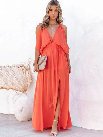 Women's Bohemian Boho Chiffon V-Neck Off Shoulder Slit Beach Dress