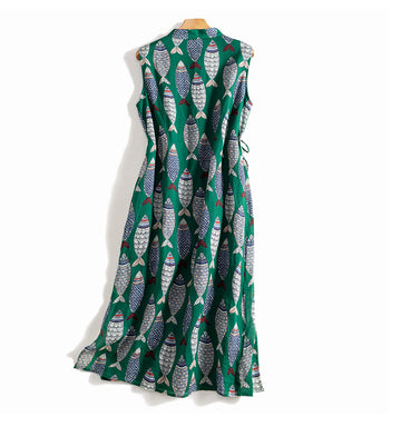 Women's Fish Print Vintage Linen Thin Loose Waist Sleeveless A-Line Dress