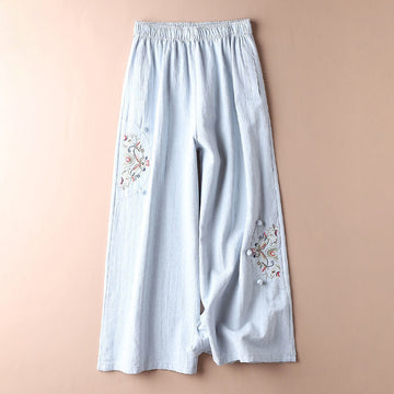Women's Linen and Cotton Vintage Elastic Waist Embroidered Pants