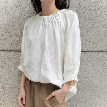 Women's Cotton Linen Oversized Ruched O-Neck Blouse Top