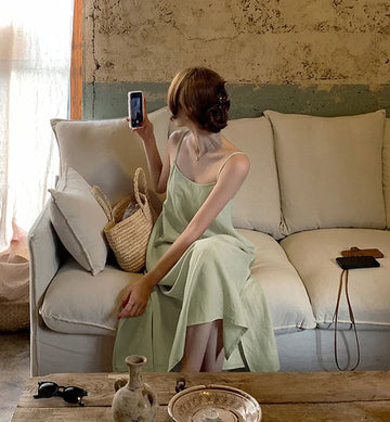 Women's Cotton Back Bandage Spaghetti Straps Long Dress