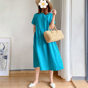 Women's Cotton Linen Loose Summer Short Sleeve Casual Dresses