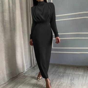 Damen-Partykleid mit Stehkragen, schlanker Taille, einfarbig, knöchellang