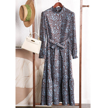 Elegant Fit & Flare Dress, Tie Waist Long Sleeve Dress, Floral Midi Dress for Autumn/Winter