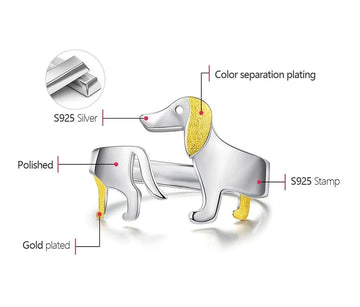 Bagues réglables en argent sterling 925 avec chien teckel mignon pour femme