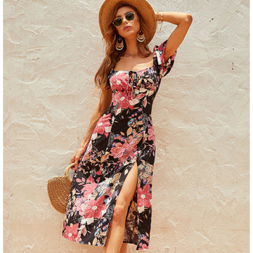 Elegant Summer Bohemian Floral Printed Square Collar Side Split Dress For Women