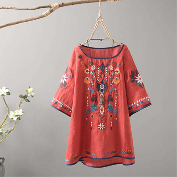Embroidery Linen Cotton Women Shirt, Summer Spring Blouse, Boho Retro Summer Beach Linen Top
