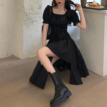 Damen Sommer Vintage Puffärmel Midikleid