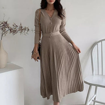 Elegant V-neck Single-breasted Women Thicken Sweater Dress  Autumn Winter Knitted Belted Female A-line soft dresses