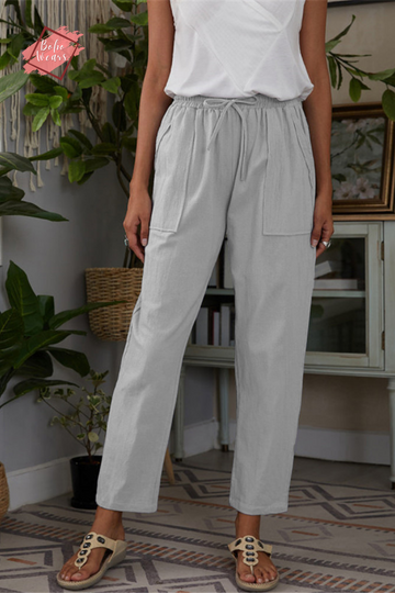 Woman Minimalist Linen & Cotton Straight Leg Pants Plus Size, Elasticated Waist Solid High Waist Pants, Work, Office, School, Professional