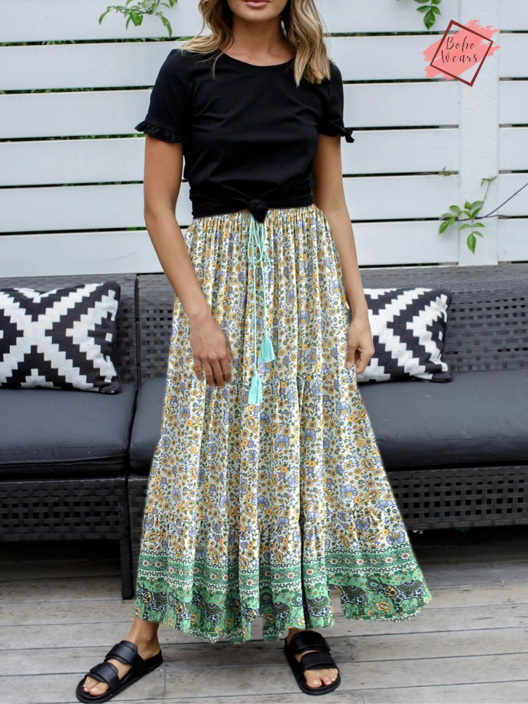 Elastic Waist A-Line Boho Maxi Skirt - Vintage Chic Fashion for Beach and Bohemian Women