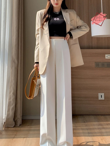 Chic Autumn White Wide Leg Pants - Pleated, High Waist Design for Women - Casual Elegance