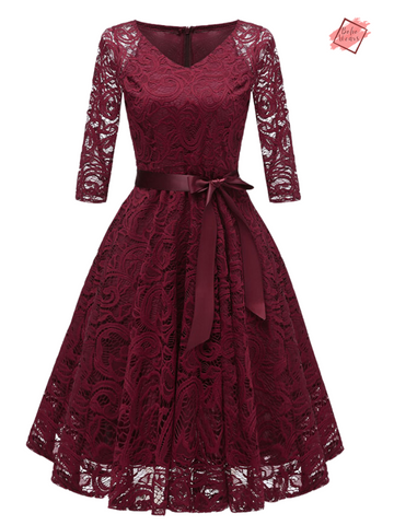 Elegant Lace V-Neck Midi Swing Dress - Vintage Inspired Evening Gown by BohoWears